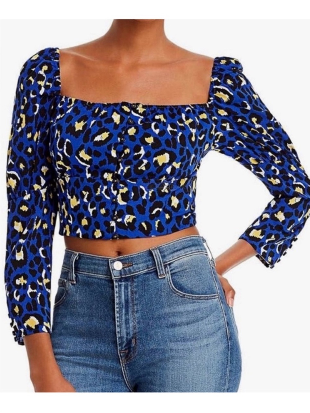 NWT RAHI Chloe Puff Shoulder Blue Animal Print Crop Top Size XS - Picture 2 of 13
